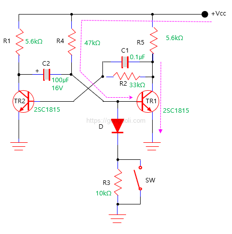 단안정 멀티바이브레이터 회로 : TR로 구성된
